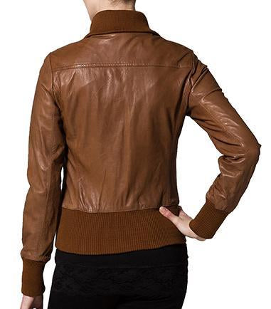Cognac Women Bomber Leather Jackets - Xosack
