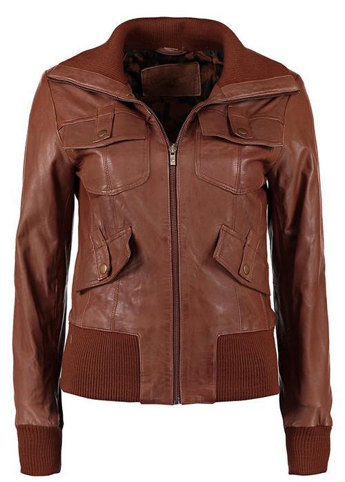 Cognac Women Bomber Leather Jackets - Xosack