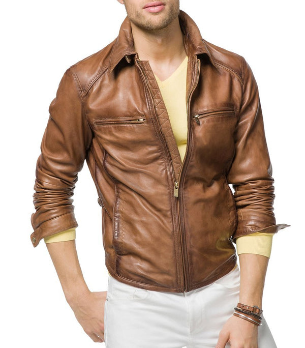 Men Biker Leather Jackets: Tan Brown - Xosack