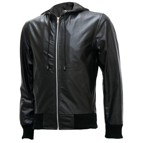 Exclusive Men's Black Bomber Leather Jacket with Hoodie
