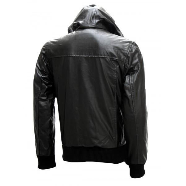 Exclusive Men's Black Bomber Leather Jacket with Hoodie