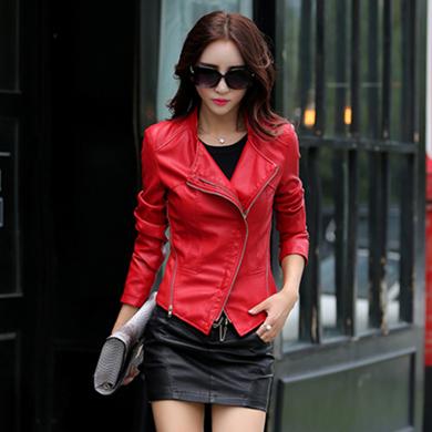 leather jacket women  slim Really large raccoon fur collar