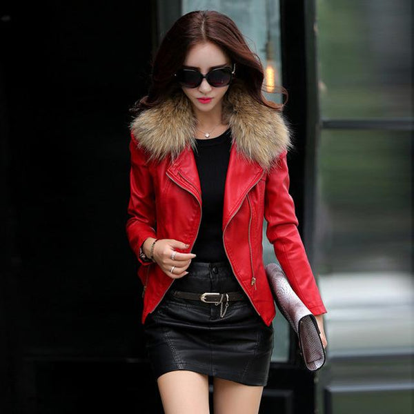 leather jacket women  slim Really large raccoon fur collar