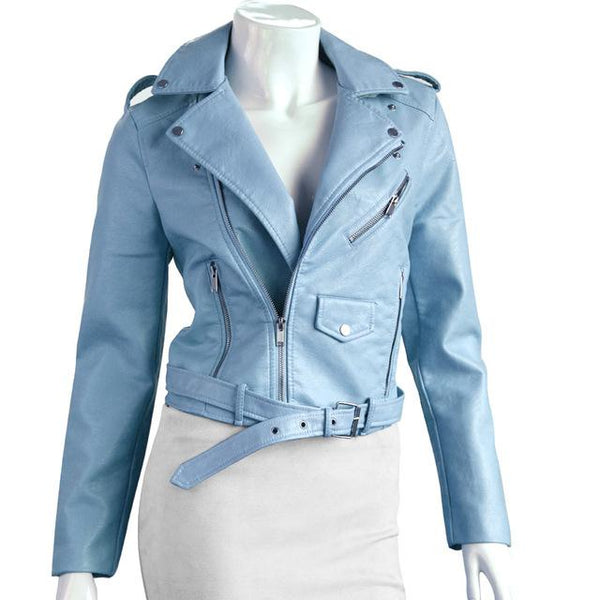 QIUXUAN Women PU Leather Jacket