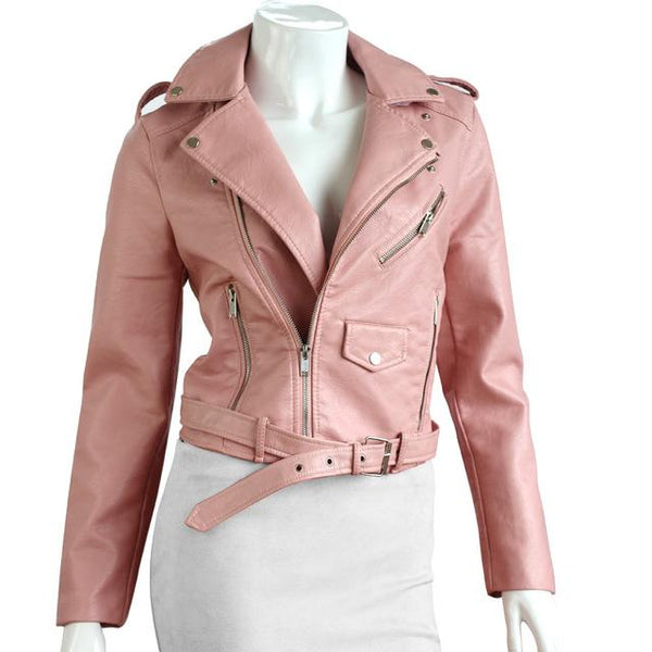 QIUXUAN Women PU Leather Jacket
