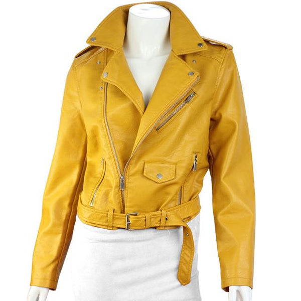 QIUXUAN Women PU Leather Jacket