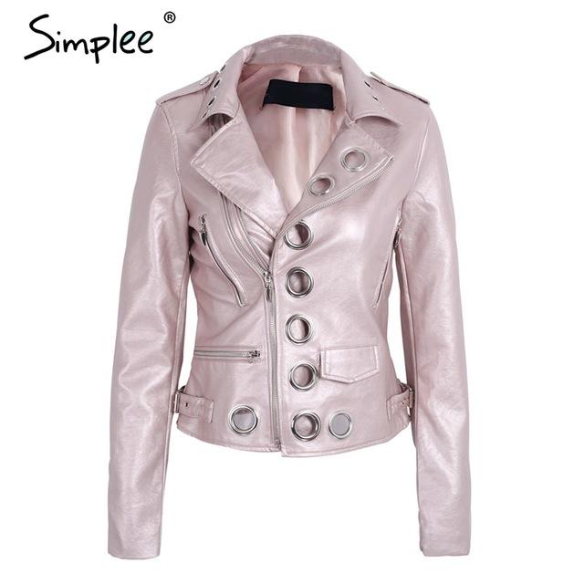Simplee Zipper black PU leather coat jacket women