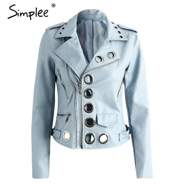Simplee Zipper black PU leather coat jacket women