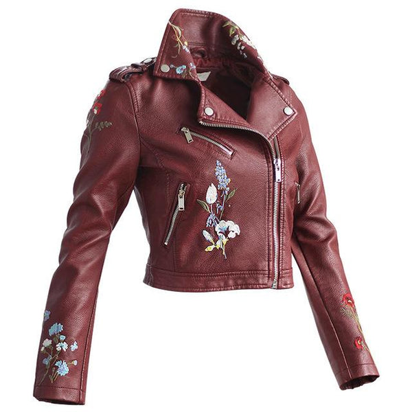 Aonibeier Embroidery  Leather Coat