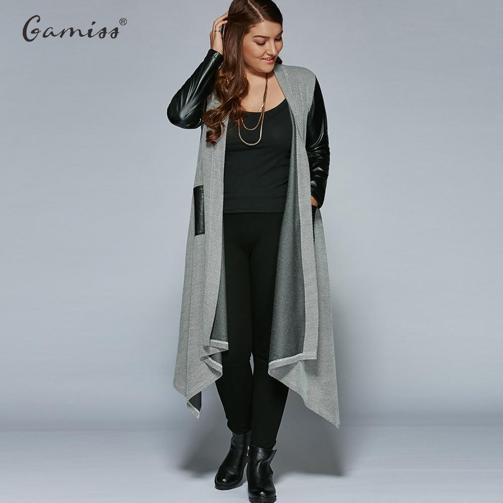 Gamiss Autumn Plus Size PU Leather Trim Longline Asymmetrical Coat Jacket