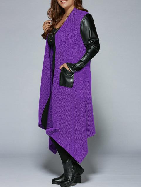 Gamiss Autumn Plus Size PU Leather Trim Longline Asymmetrical Coat Jacket