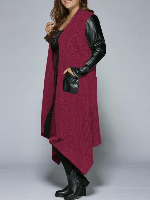 Gamiss Autumn Plus Size PU Leather Trim Longline Asymmetrical Coat Jacket