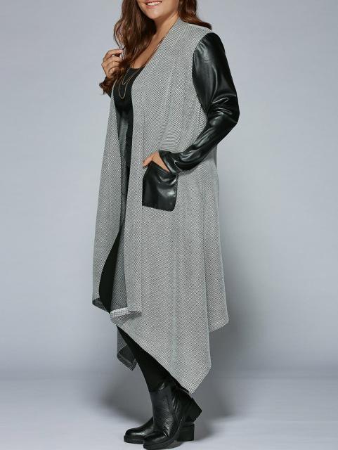 Gamiss Autumn Plus Size PU Leather Trim Longline Asymmetrical Coat Jacket