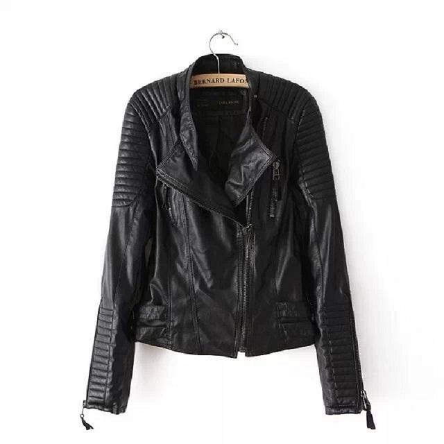 Waist Zippers Draped Cross Fashion Women Black Slim Leather Jacket