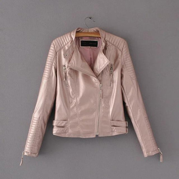 Waist Zippers Draped Cross Fashion Women Black Slim Leather Jacket