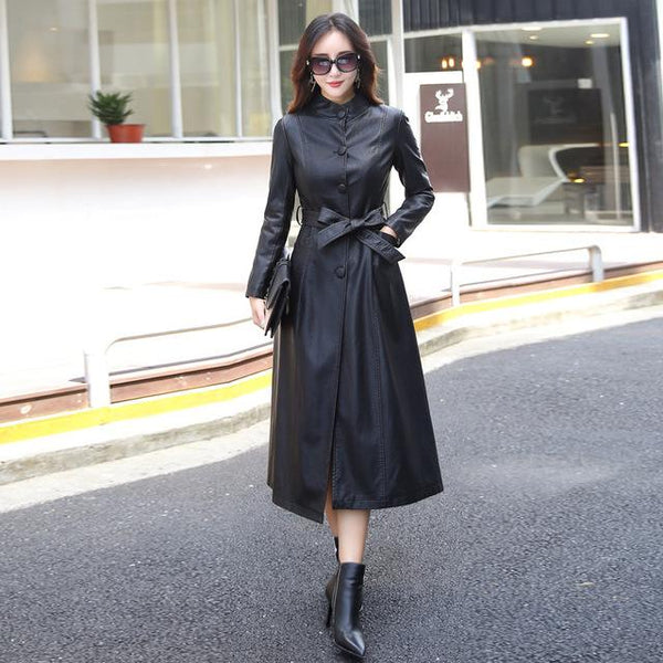 X-Long Single Breasted Spring Women Leather Jacket
